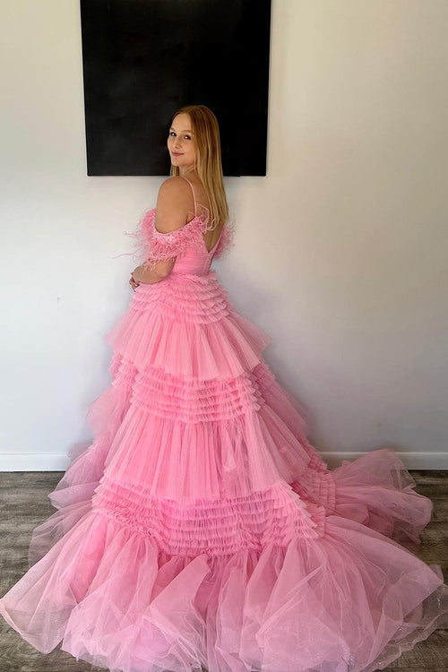 A-line Spaghetti Straps Glitter Tulle Prom Dress with Slit