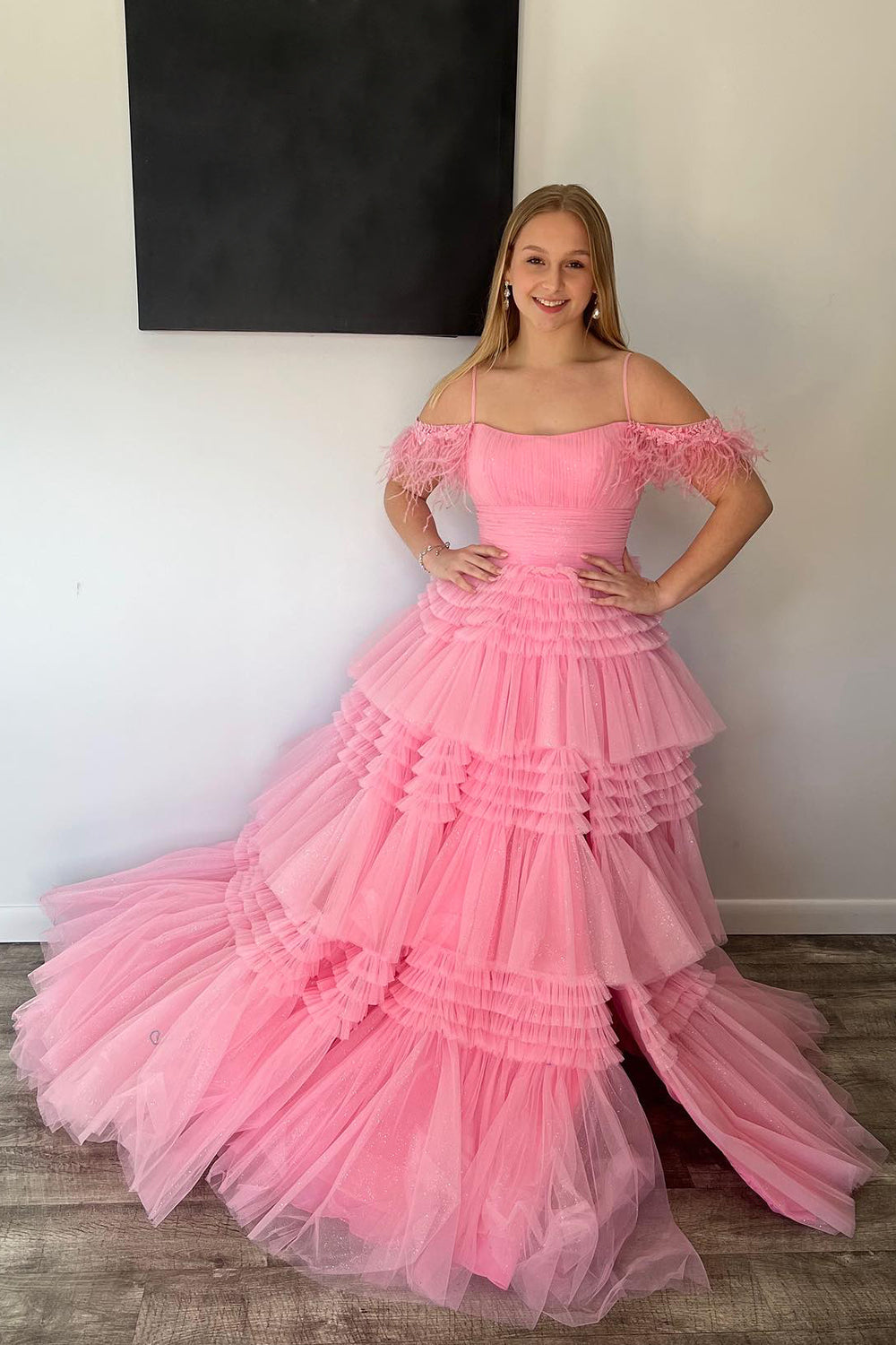 A-line Spaghetti Straps Glitter Tulle Prom Dress with Slit