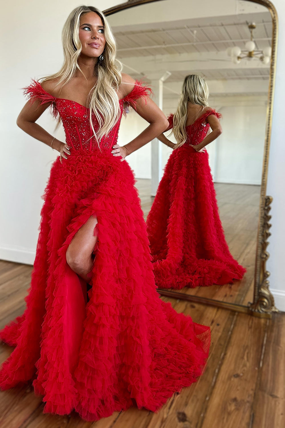 A Line Sweetheart Tiered Tulle Long Prom Dress With Slit