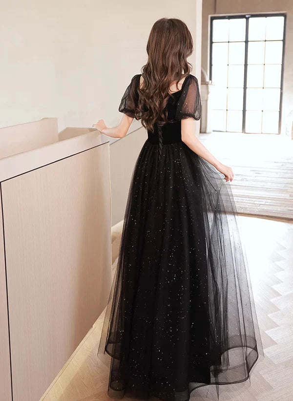 A-line Glitter Tulle and Velvet Bubble Sleeved Ballgown Prom Dress Evening Dress