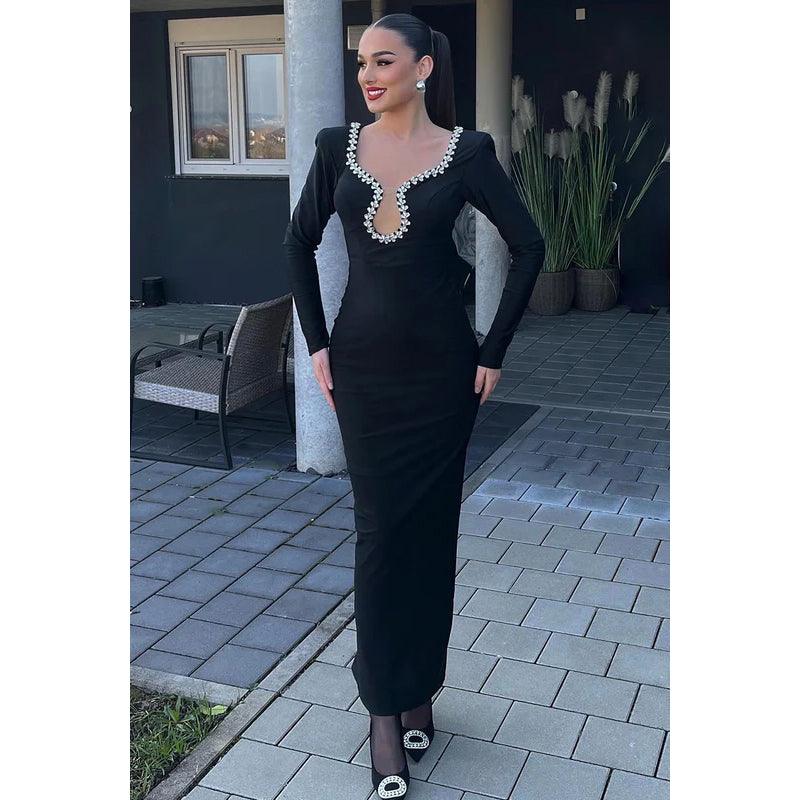 Elegant & Luxurious Rhinestone Long Sleeves V-neck Sheath Evening Prom Dress
