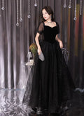 Glitter A-Line Princess Tulle and Velvet Short Sleeves Prom Dress Black Evening Dress