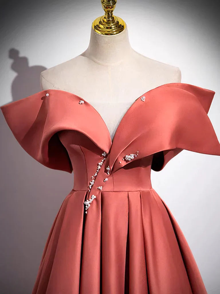 A-Line Ballgown Off Shoulder Satin Long Prom Dress Formal Dress