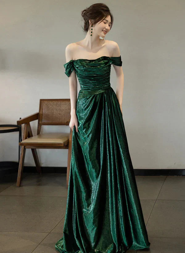 Glitter Pretty Green Off Shoulder Simple Ruched Evening Dress Long Prom Dress