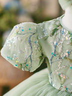 Sequins Tulle Knee-length Green 1st Birthday Party Baby Girl Dress