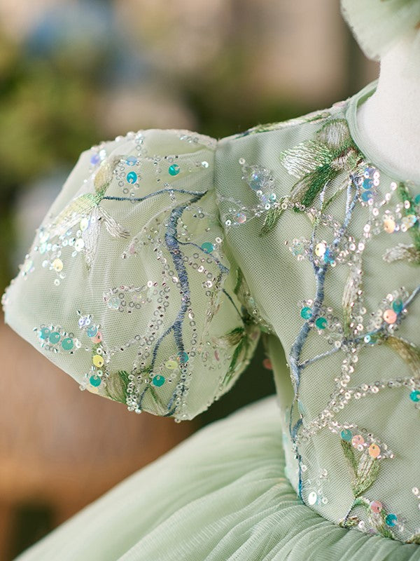 Sequins Tulle Knee-length Green 1st Birthday Party Baby Girl Dress