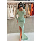 Sheath Squsare Beaded Embroidered Pleats Long Prom Dress Evening Gowns