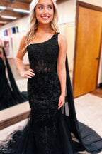 One Shoulder Appliques Mermaid Long Prom Dresses