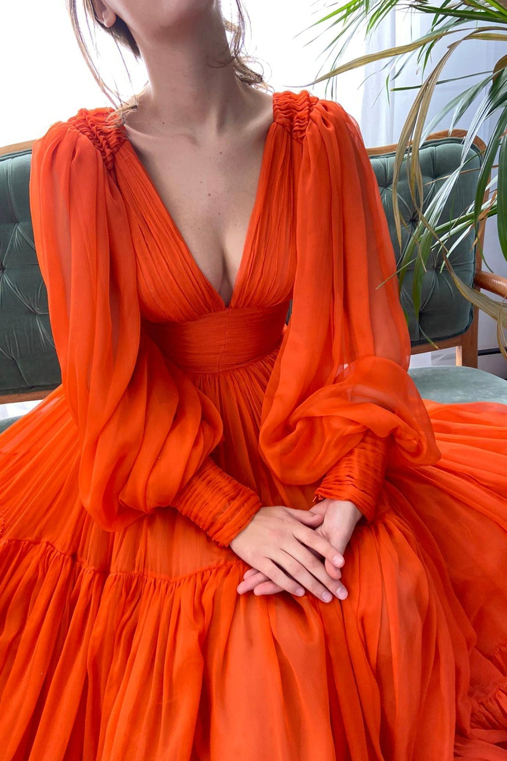 Chiffon Floor Length Prom Dress, Long Sleeve Evening Party Dress