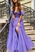 Tulle Long A-Line Prom Dress Off the Shoulder Evening Party Dress
