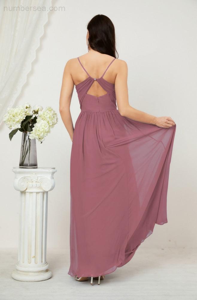 Baoleely  Neck Bridesmaid Dresses Chiffon Long Spaghetti A-line Formal Prom Gown for Wedding Party Evening 2801