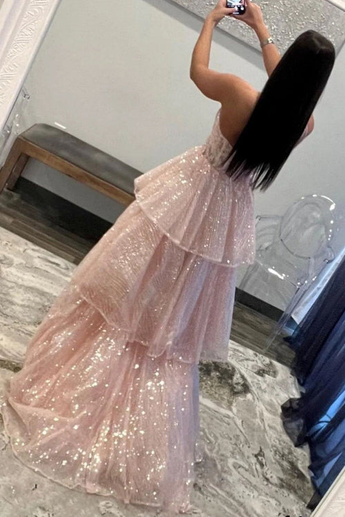 A Line One Shoulder Pink Long Prom Dress with Ruffles