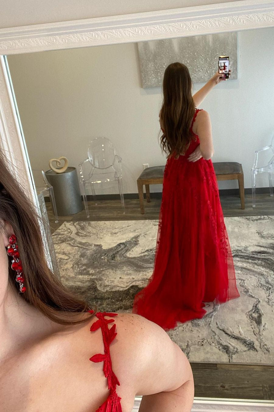 A-line Sweetheart Lace Tulle Prom Dress with Slit