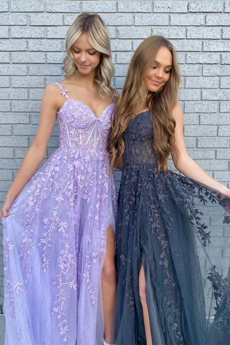 A-line Sweetheart Lace Tulle Prom Dress with Slit