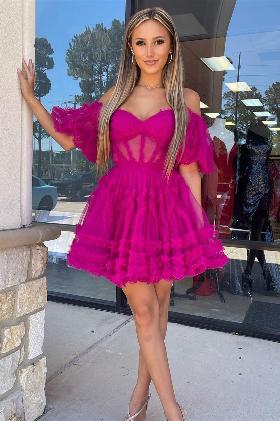 A Line Off the Shoulder Tulle Homecoming Dress