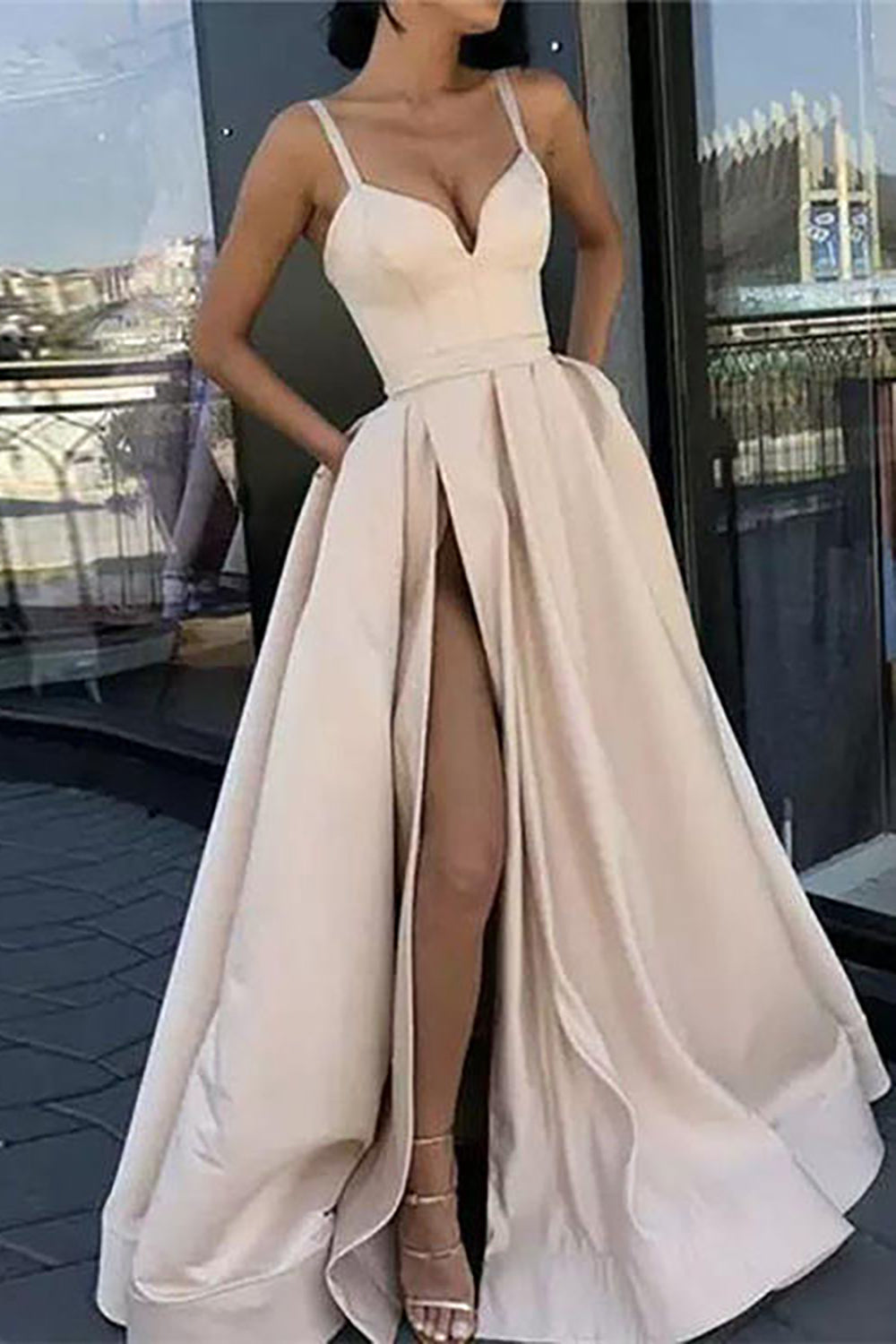 A Line Spaghetti Straps Black Long Prom Dress with Silt