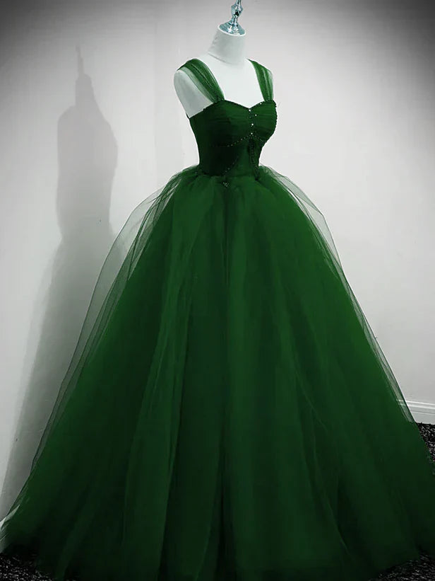 Beaded Tulle Off Shoulder Long Party Dress Tulle A-line Prom Dress Ball Gown Quinceanera Dress
