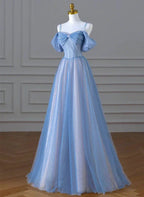 A-Line Princess Glitter Blue and Pink Beaded Tulle Long Party Dress Prom Dress