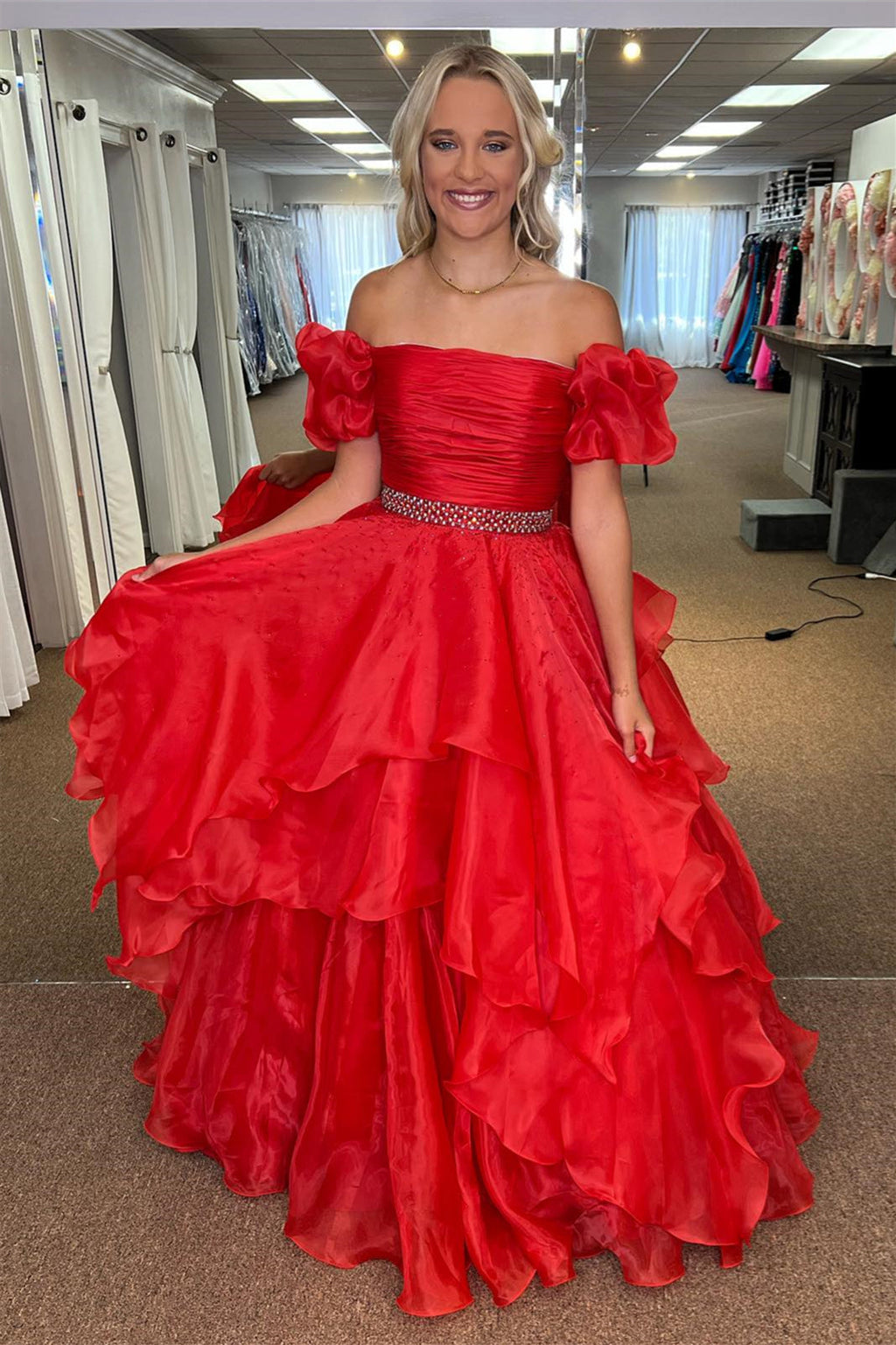 Off-the-Shoulder Layers Beaded Tulle Long Prom Dress