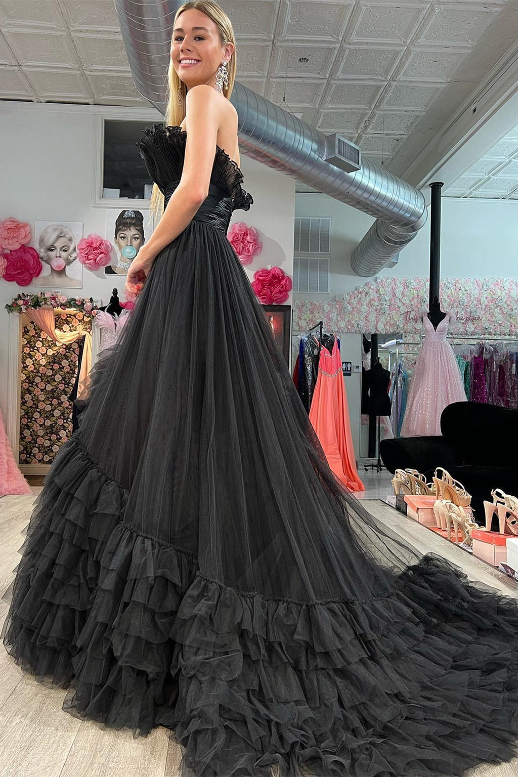 A-Line Strapless Pink Tiered Long Tulle Prom Dress