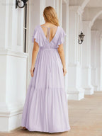 Numbersea Women's Open Back Formal Evening Party Prom Gowns V-Neck Long Chiffon Bridesmaid Dresses with Waist Belt 28038