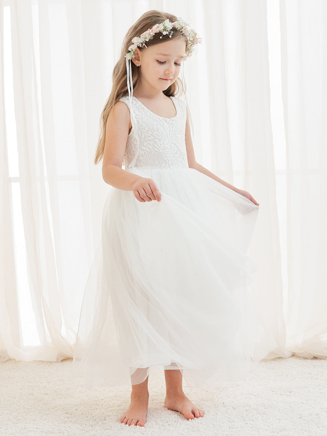 A-line Lace Tulle Ankle-length White Dress (2003227597)