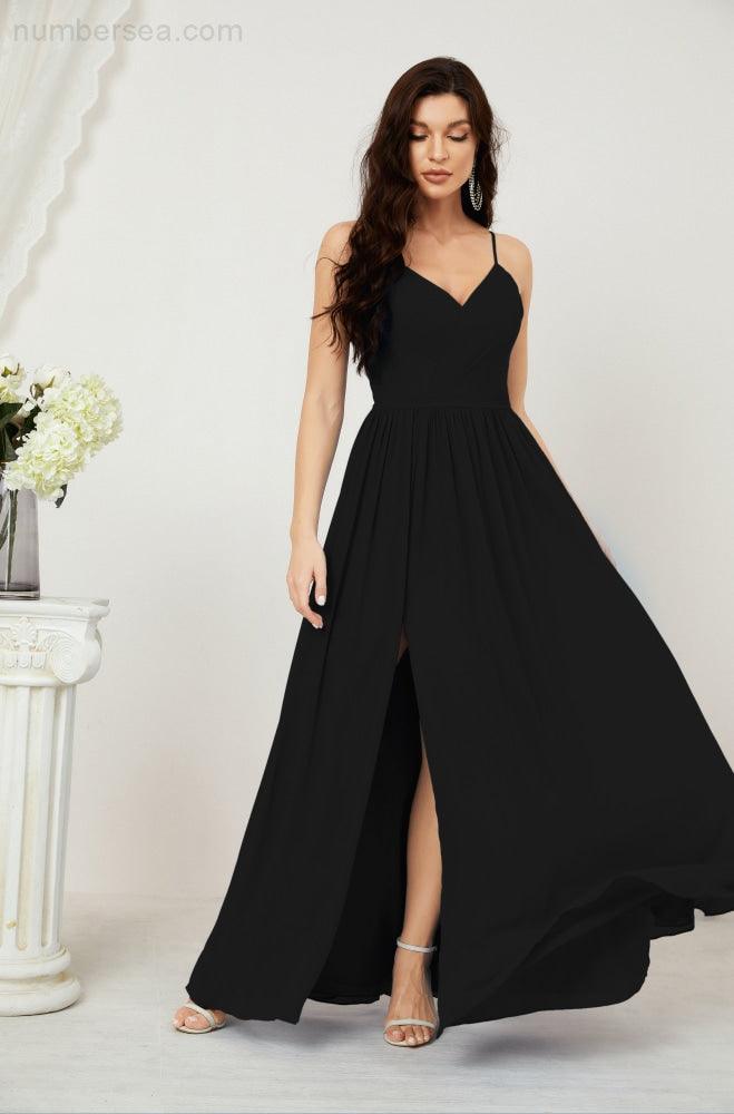 Baoleely  Neck Bridesmaid Dresses Chiffon Long Spaghetti A-line Formal Prom Gown for Wedding Party Evening 2801