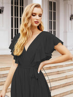 Numbersea Women's Open Back Formal Evening Party Prom Gowns V-Neck Long Chiffon Bridesmaid Dresses with Waist Belt 28038