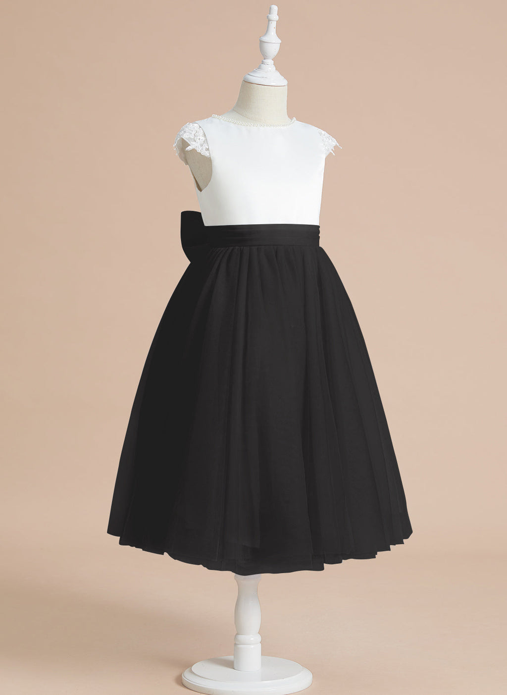 A-line Satin Tulle Tea-length First Communion Flower Girl Dress