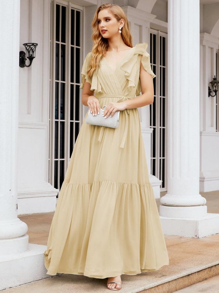 Numbersea Women's Open Back Formal Evening Party Prom Gowns V-Neck Long Chiffon Bridesmaid Dresses with Waist Belt 28038