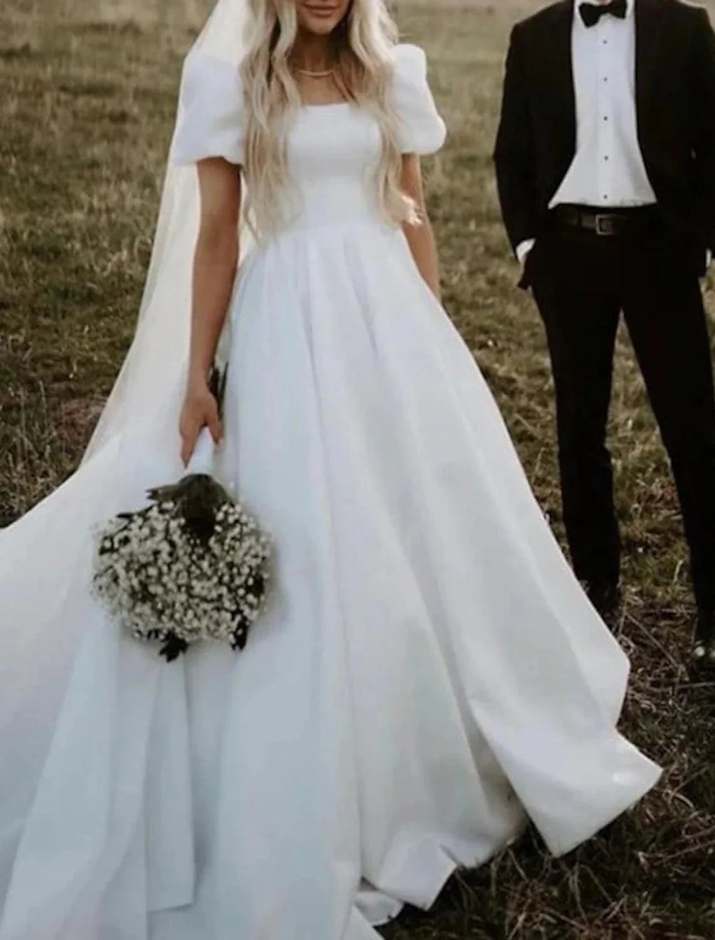 Formal Ball Gown Square Neck Short Sleeve Chapel Train Satin Wedding Dresses Bridal Gowns