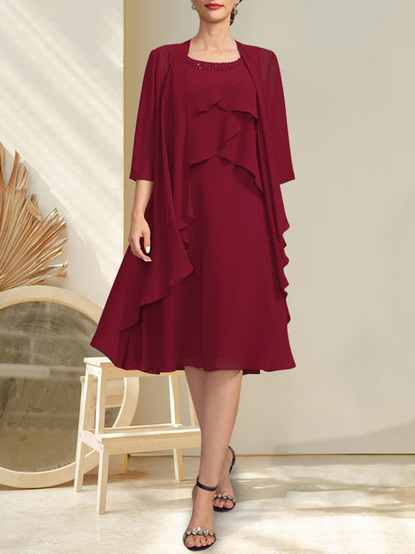 A-line Scoop Knee-Length Chiffon Mother of the Bride Dress With Beading
