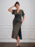 Vintage Plain V-Neck Short Sleeves Velvet Tea-Length Mother of the Bride Dress With Slit