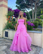 Light Pink A Line Strapless Organza Prom Dress