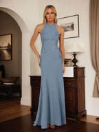 Dusty Blue Sheath Halter Long Mother of Bride Dress With Appliques