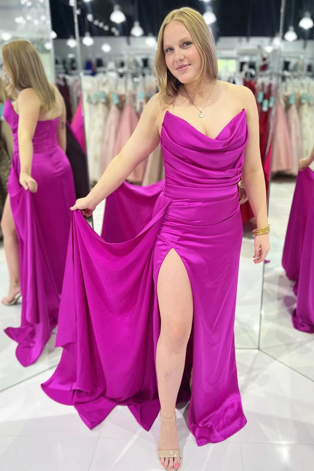 Peacock Green Strapless Mermaid Satin Long Prom Dress with Slit