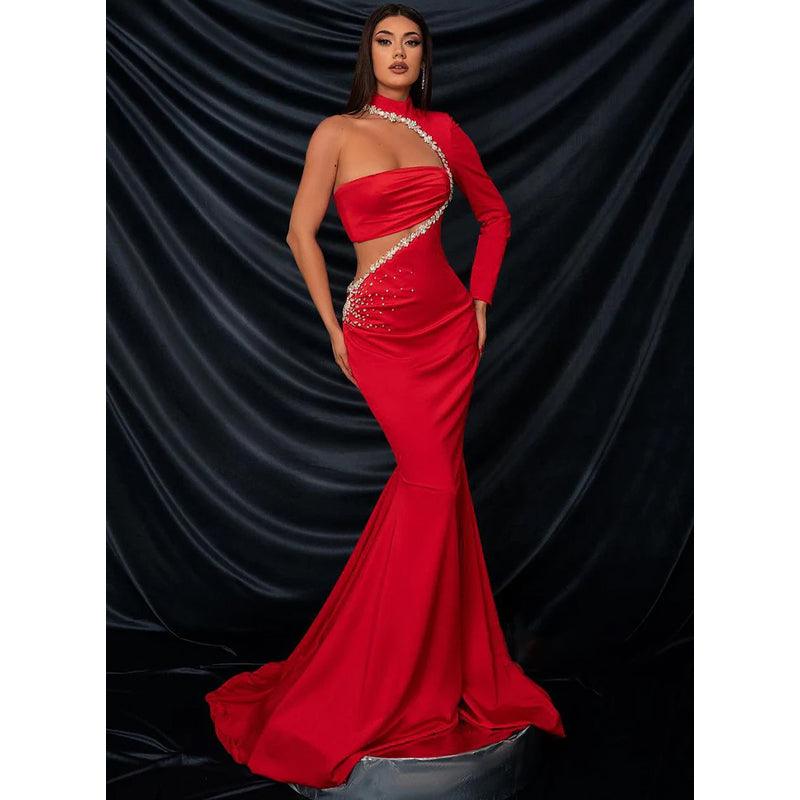 Sexy & Fitted High Neck Beaded Pleats Strapless Satin Long Sleeves Formal Dress