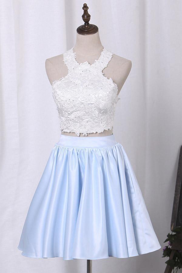 Two-Piece Scoop Homecoming Dresses A Line Satin With Applique