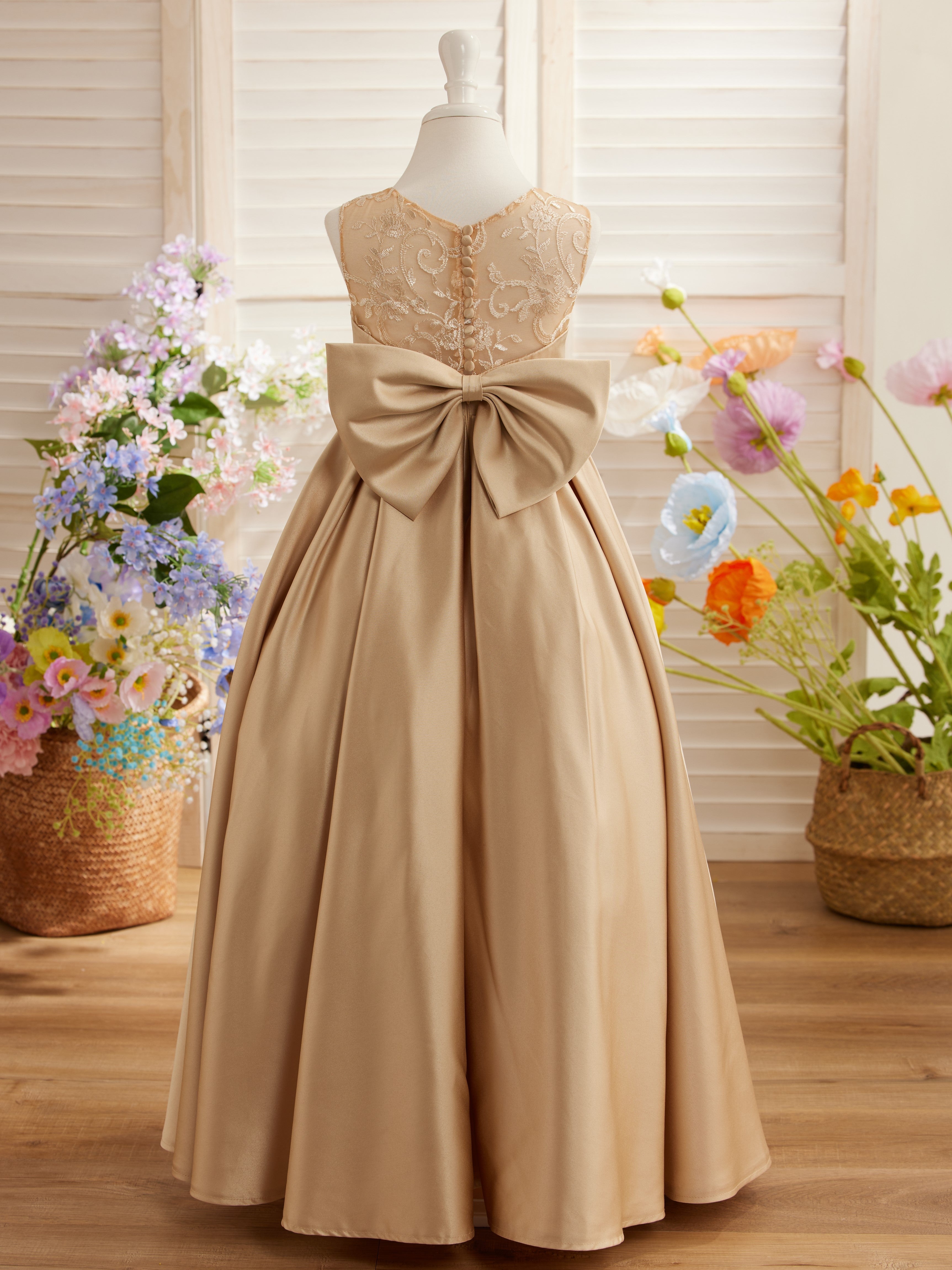 A-line Lace Satin Floor-length First Communion Flower Girl Dress