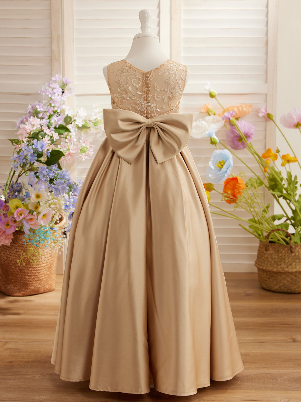 A-line Lace Satin Floor-length First Communion Flower Girl Dress