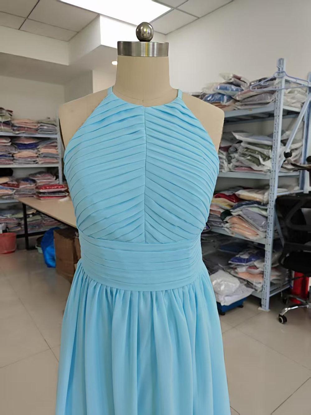Numbersea Chiffon Floor Length Prom Dresses A-Line Halter Open Back Pleats