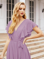 Numbersea Women's Open Back Formal Evening Party Prom Gowns V-Neck Long Chiffon Bridesmaid Dresses with Waist Belt 28038