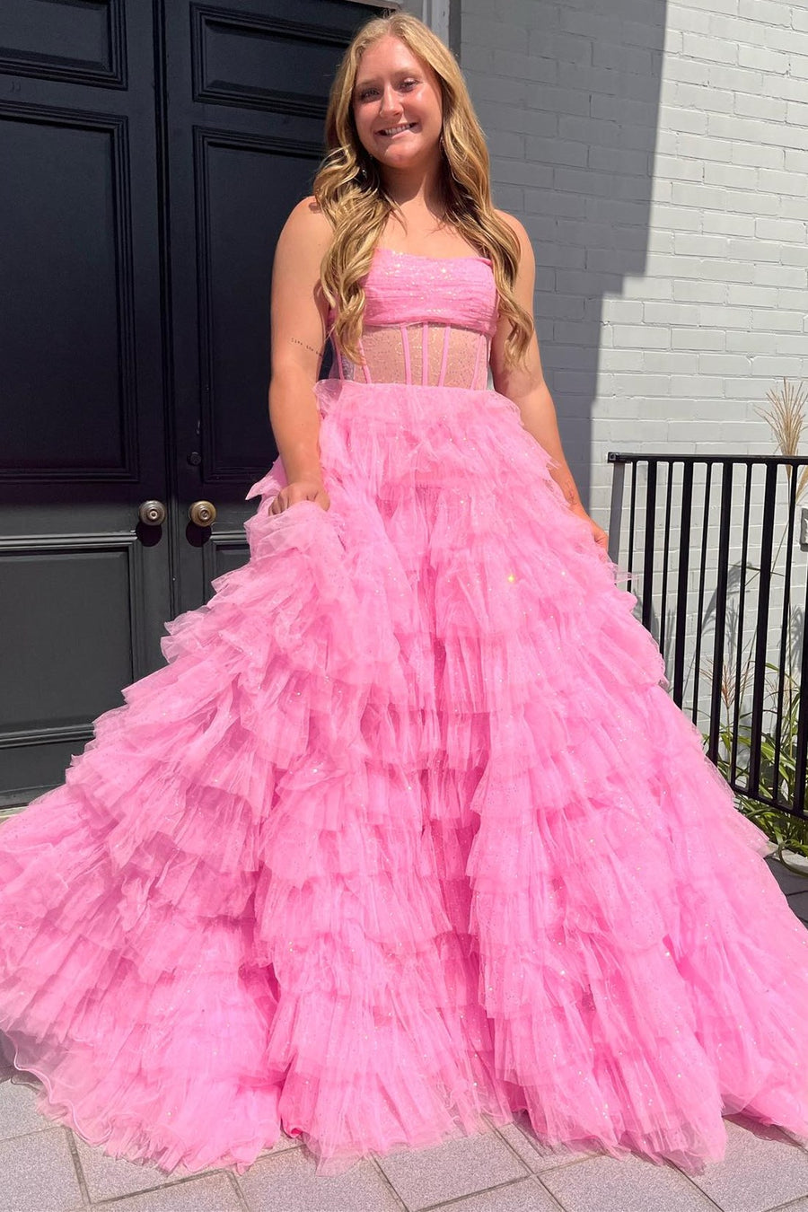 A Line Strapless Corset Glitter Tulle Prom Dress with Ruffles