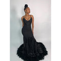 V-Neck Appliqued Sequins Feather Satin Mermaid Long Prom Evening Dress