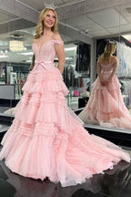 Princess A Line Off the Shoulder Ivory Long Prom Dress with Ruffles