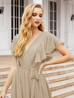 Numbersea Women's Open Back Formal Evening Party Prom Gowns V-Neck Long Chiffon Bridesmaid Dresses with Waist Belt 28038