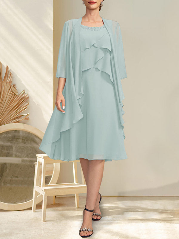 A-line Scoop Knee-Length Chiffon Mother of the Bride Dress With Beading