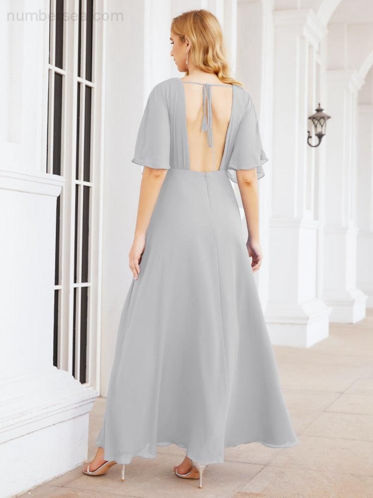Numbersea V-Neck Bridesmaid Dress Chiffon Long Open Back Formal Dresses for Women Party Evening 28067