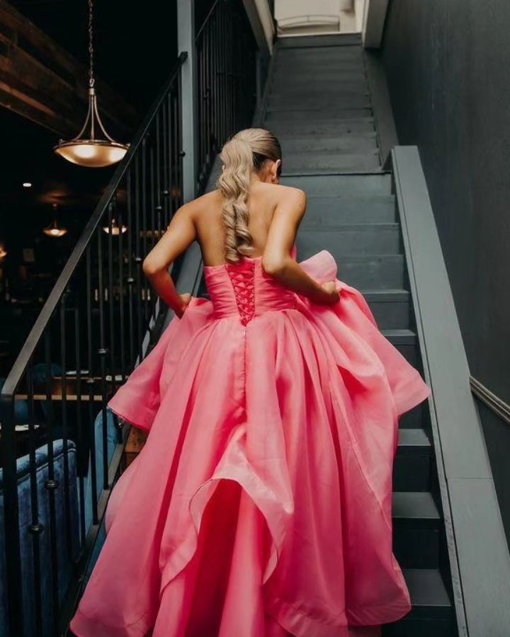 Light Pink A Line Strapless Organza Prom Dress