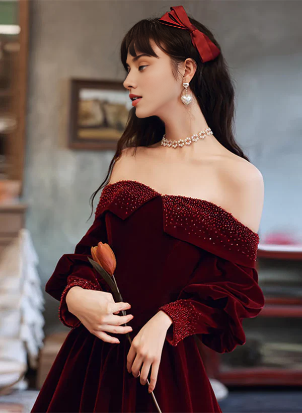 A-Line Princess Beaded Puffy Sleeves Long Formal Dress Velvet Party Dress Prom Dresses